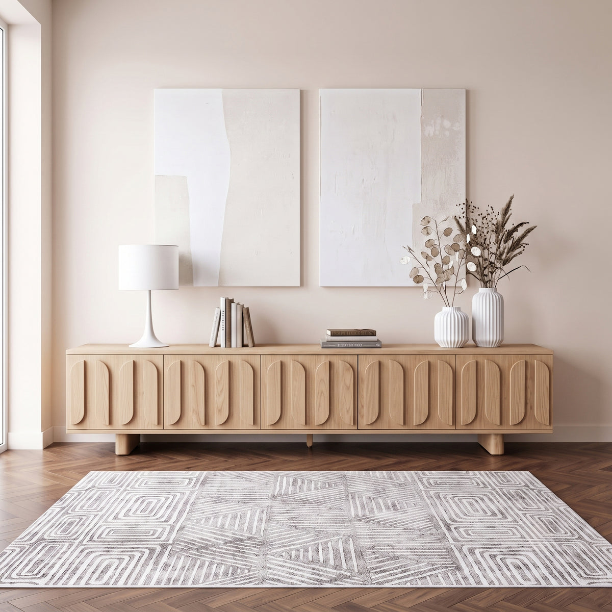 Light wood sideboard styled in a modern living room