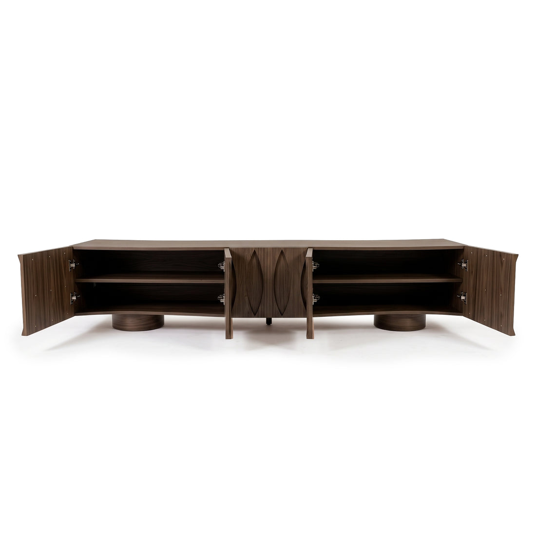 Modern wooden credenza with open doors showing interior shelves on a white background
