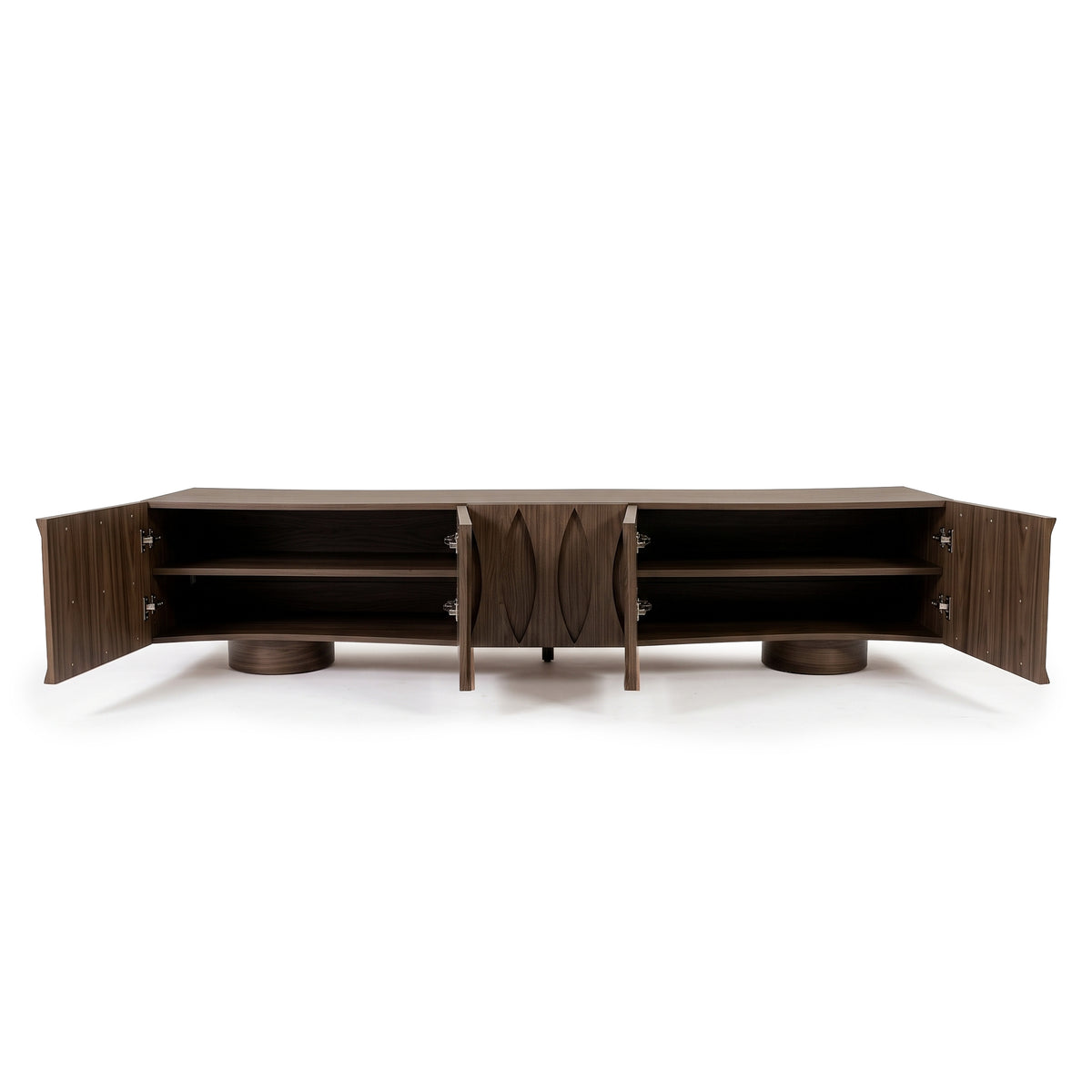 Modern wooden credenza with open doors showing interior shelves on a white background