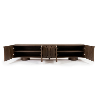 Modern wooden credenza with open doors showing interior shelves on a white background