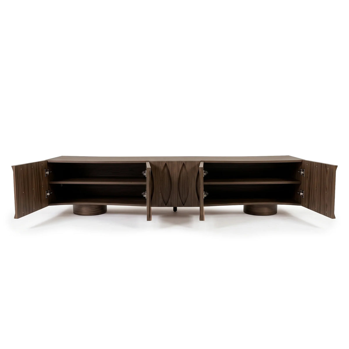 Dark timber TV unit with open cabinet doors revealing inner shelving and carved oval front detailing against a plain white studio background.