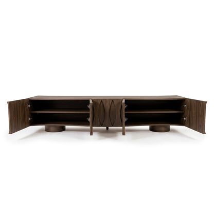 Dark timber TV unit with open cabinet doors revealing inner shelving and carved oval front detailing against a plain white studio background.