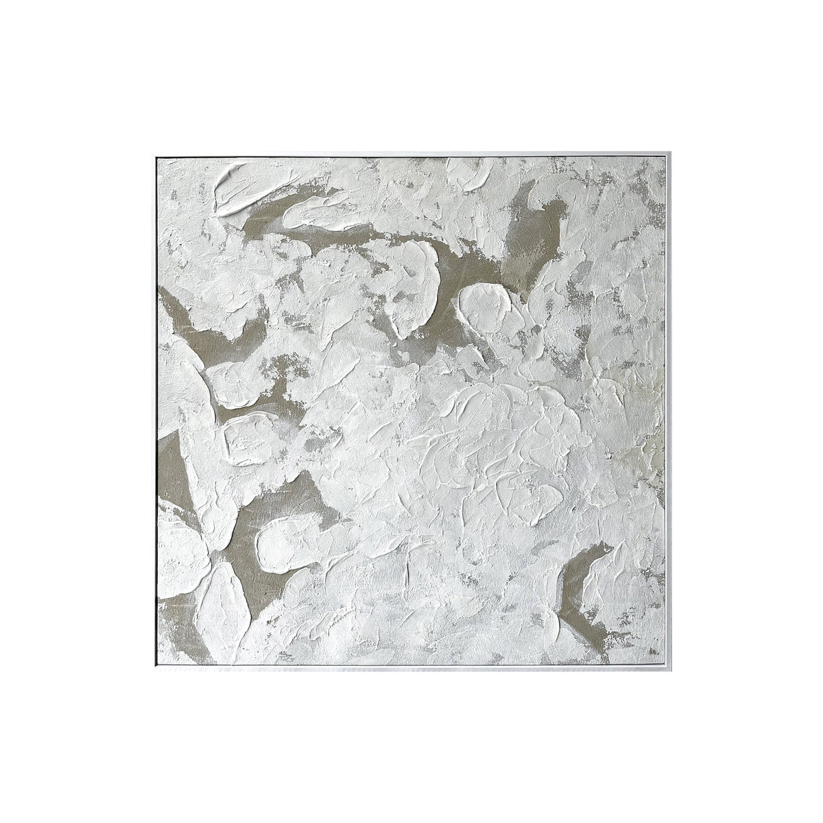 Luma Framed Canvas Wall Art 105 x 105cm in White features textured, impasto-style paint over a gray-beige background, creating a sculptural relief enhanced by light and shadow, framed for a modern finish.