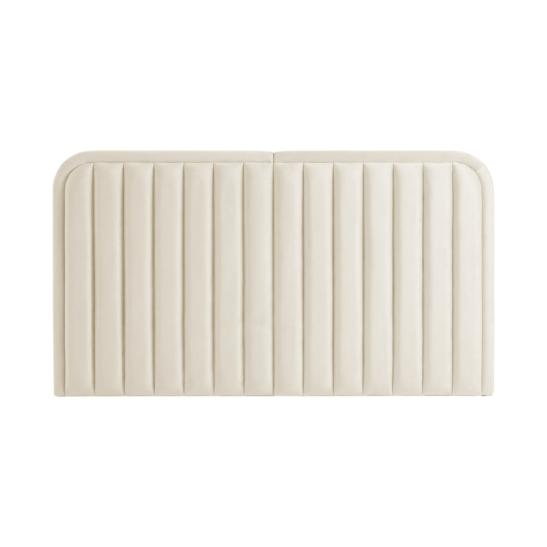 Cream upholstered headboard with channel tufting on white background