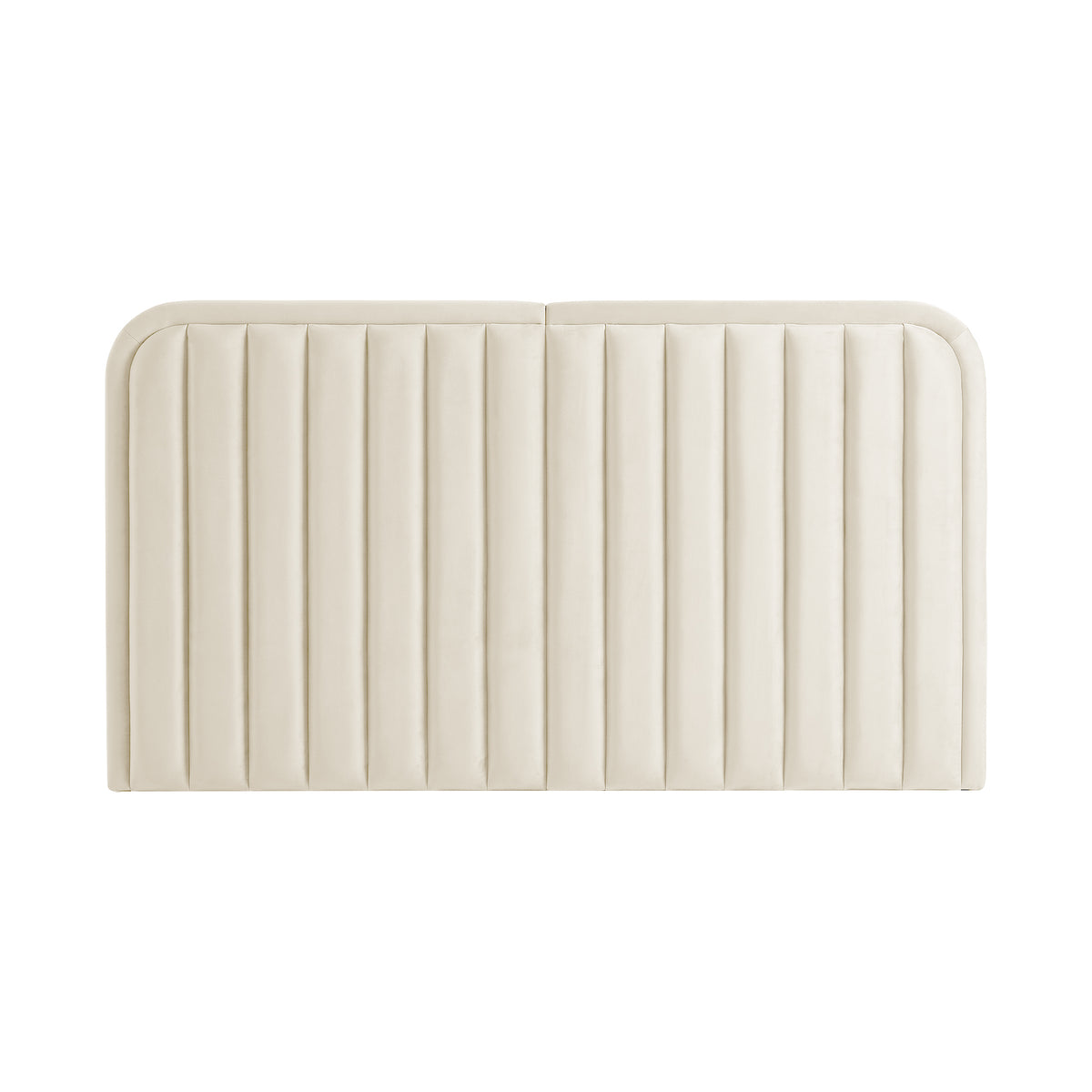 Cream upholstered headboard with channel tufting on white background