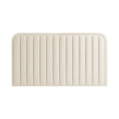 Cream upholstered headboard with channel tufting on white background