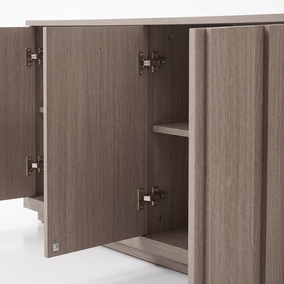 Open wooden cabinet showing interior shelf details on a white background