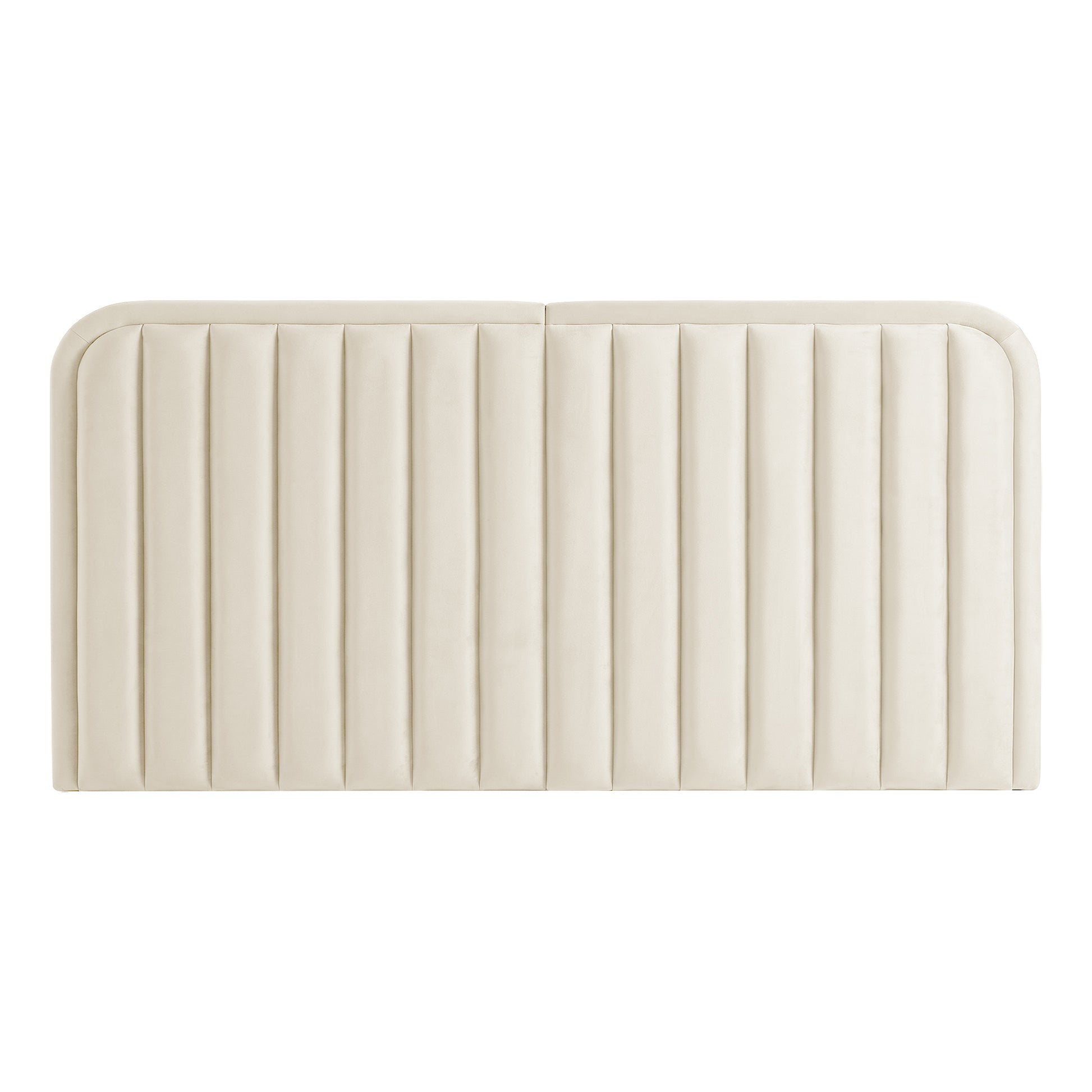 Cream upholstered headboard with vertical channels on white background
