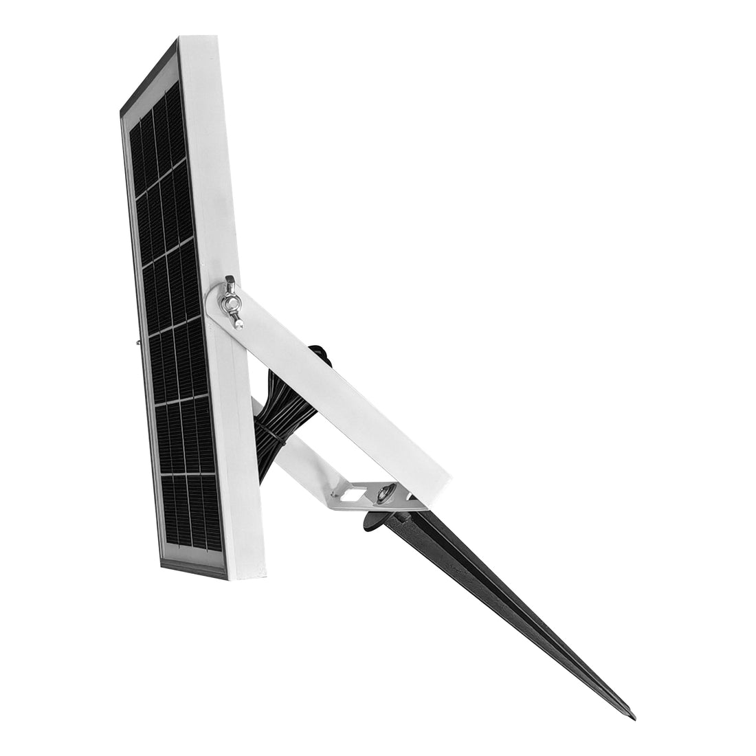 70cm Outdoor Solar LED Bollard Light with solar panel assembly on adjustable bracket and ground-stake, designed for powering outdoor devices, shown with wires running through the bracket.