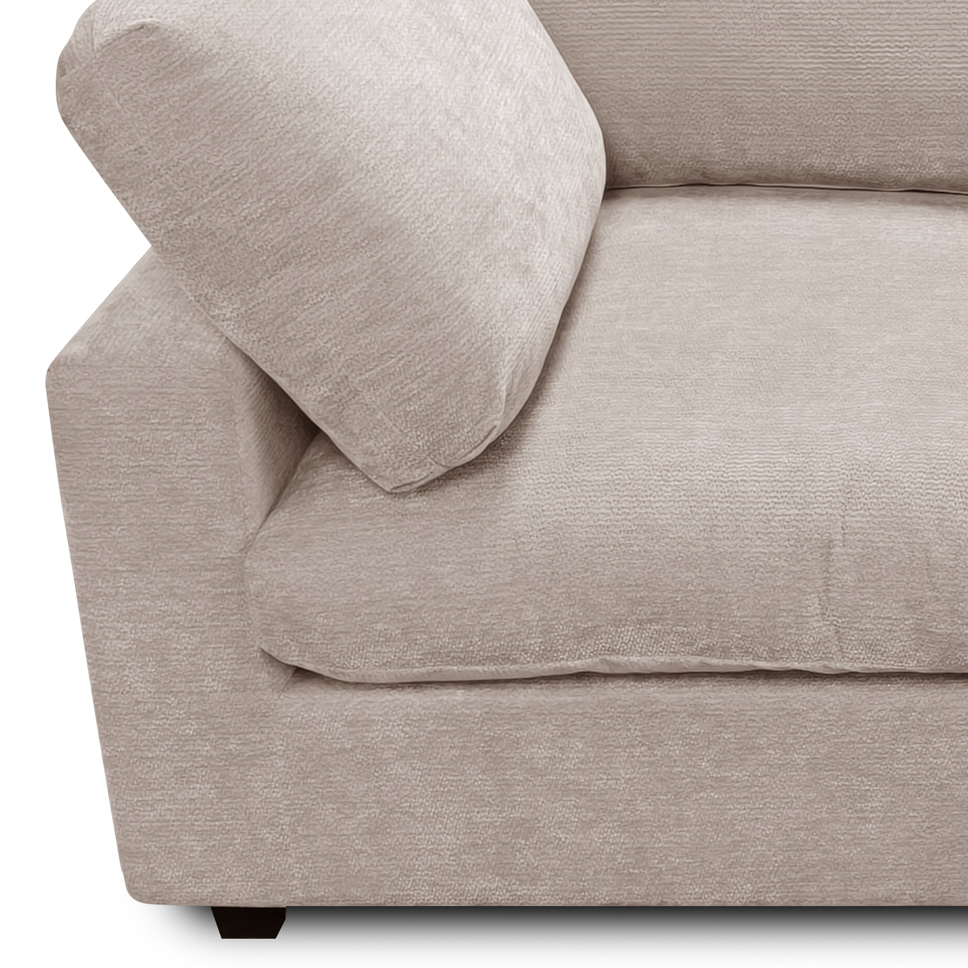 Close partial view of a light beige upholstered sofa corner on a white background.