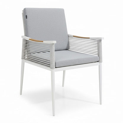 Casara 9 Piece Outdoor Dining Set in White and Grey features a sleek white metal frame, woven rope-style armrests with wood-tone inlays, and light-gray removable cushions, ideal for alfresco dining.