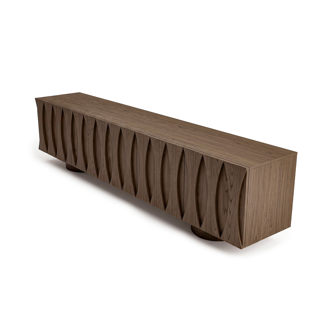 Angled view of a modern wooden sideboard on a white background