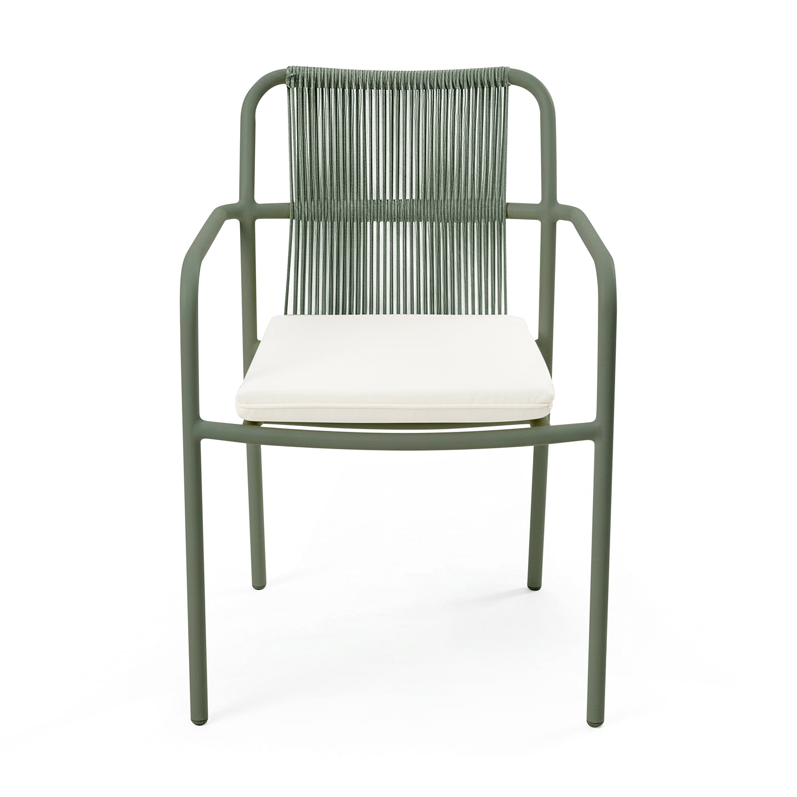 Evone Aluminium Rope Outdoor Dining Chair in Green features a slim metal frame with a corded backrest and a cream cushion, blending modern design with weather-resistant functionality.