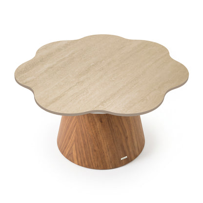Modern scalloped-edge table with stone-like top and wooden conical base on a white background