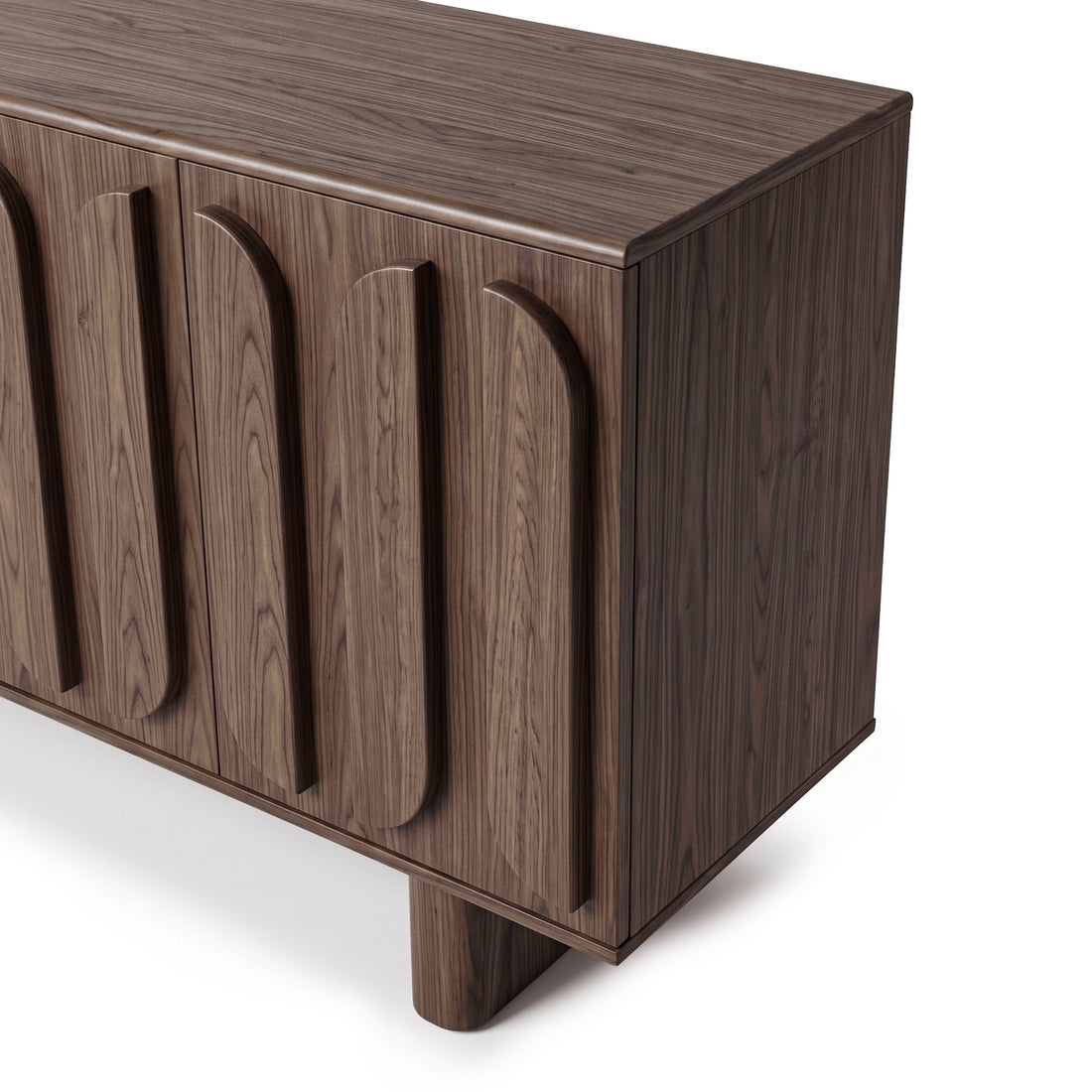 Modern wooden sideboard on a white background with angled view.