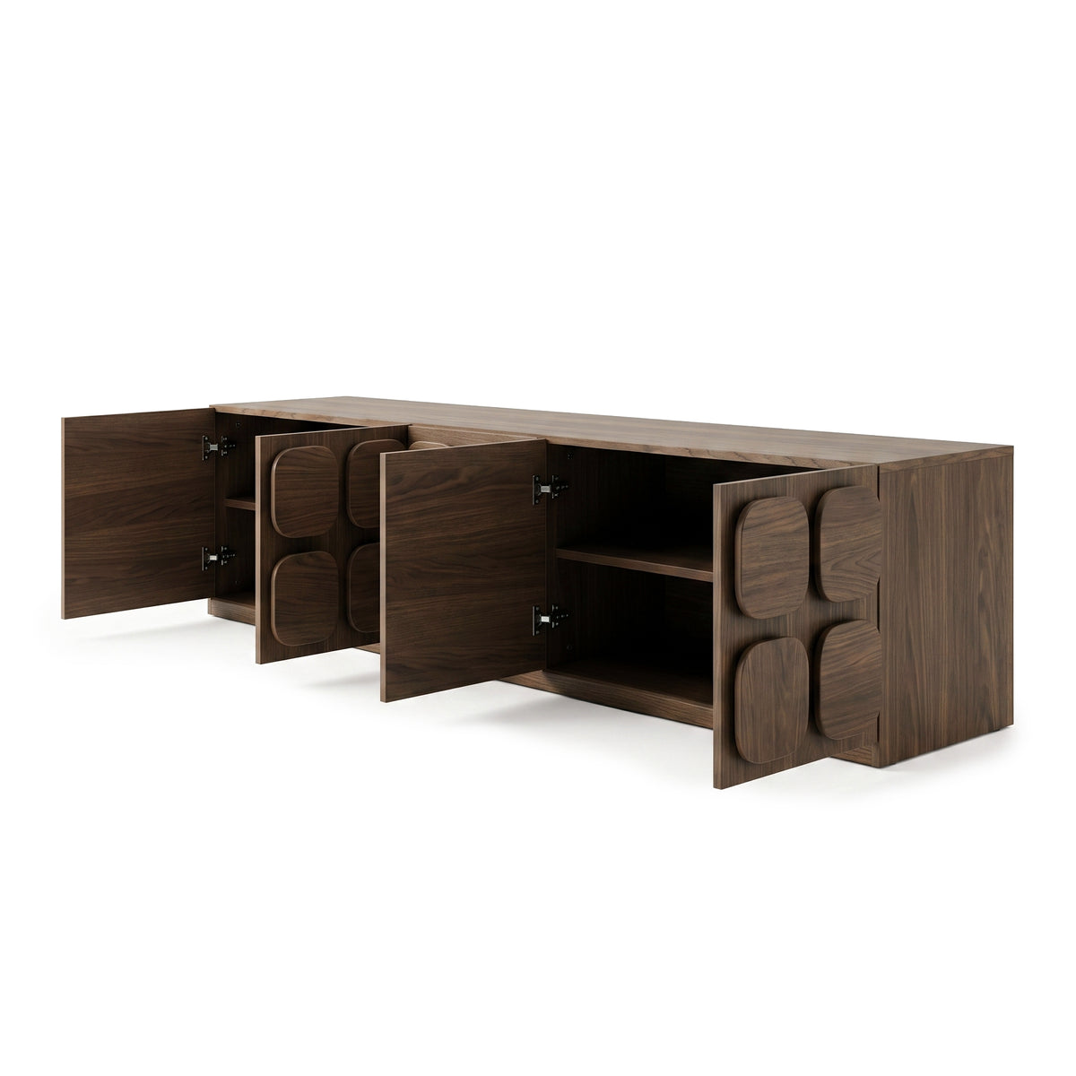 Open dark wood sideboard with shelves visible on a white background