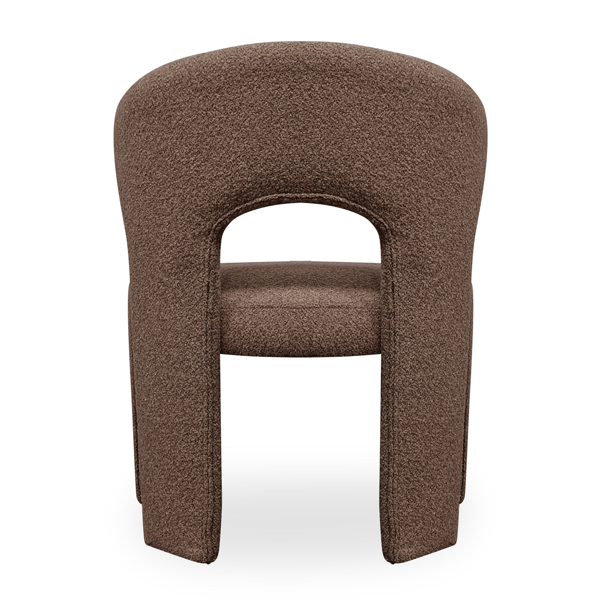 Lunari Bouclé Curved Accent Chair in Brown features a sculptural design with a curved backrest, central cut-out, and U-shaped legs, upholstered in soft bouclé fabric for modern elegance.