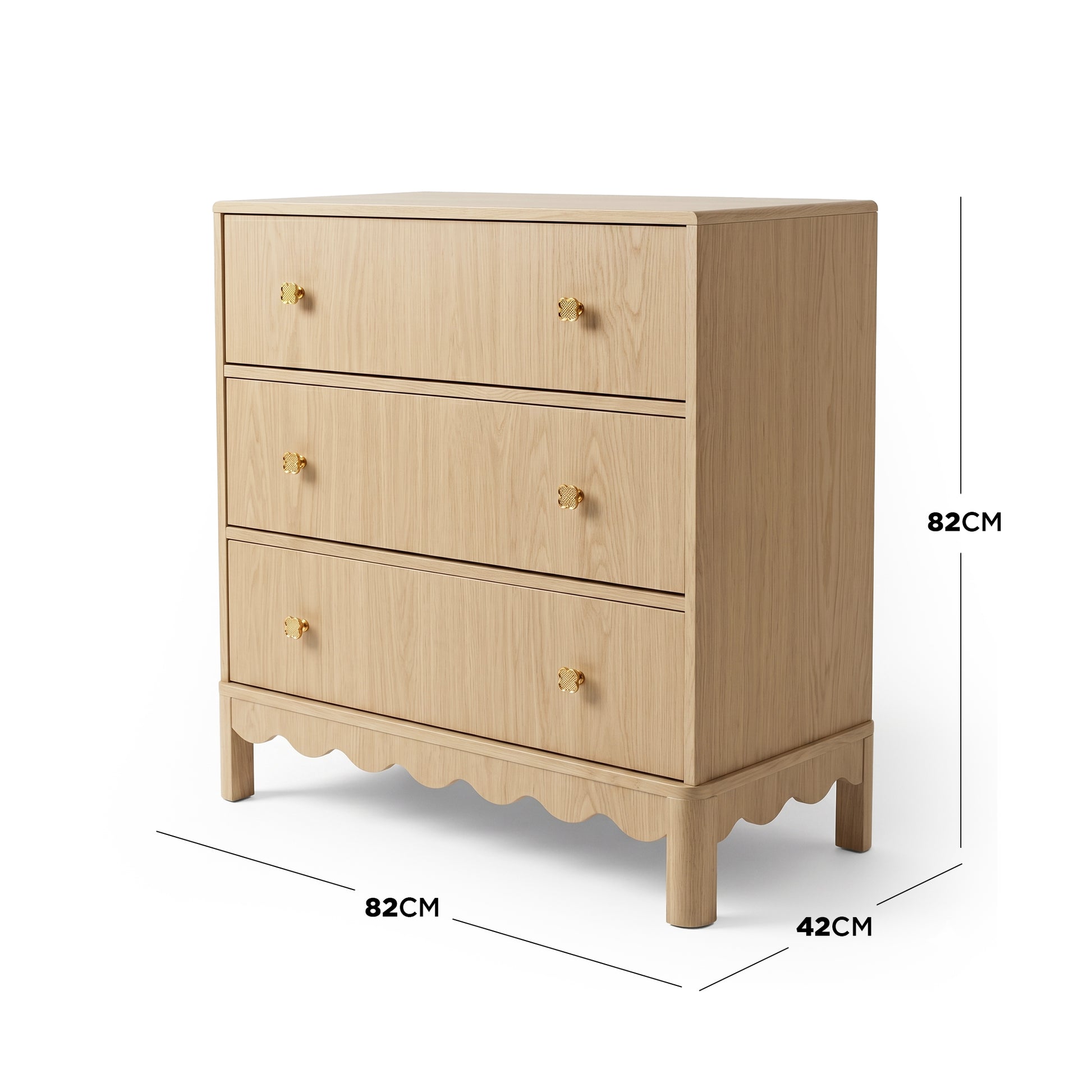Front-side view of three-drawer wooden dresser with overlaid dimensions on white background