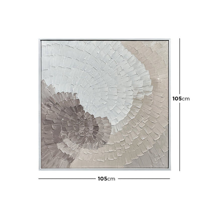 Zendaya Canvas Wall Art 105 x 105cm in White features concentric, scale-like impasto strokes in a neutral palette, framed in minimalist white, offering depth and style for modern interiors.
