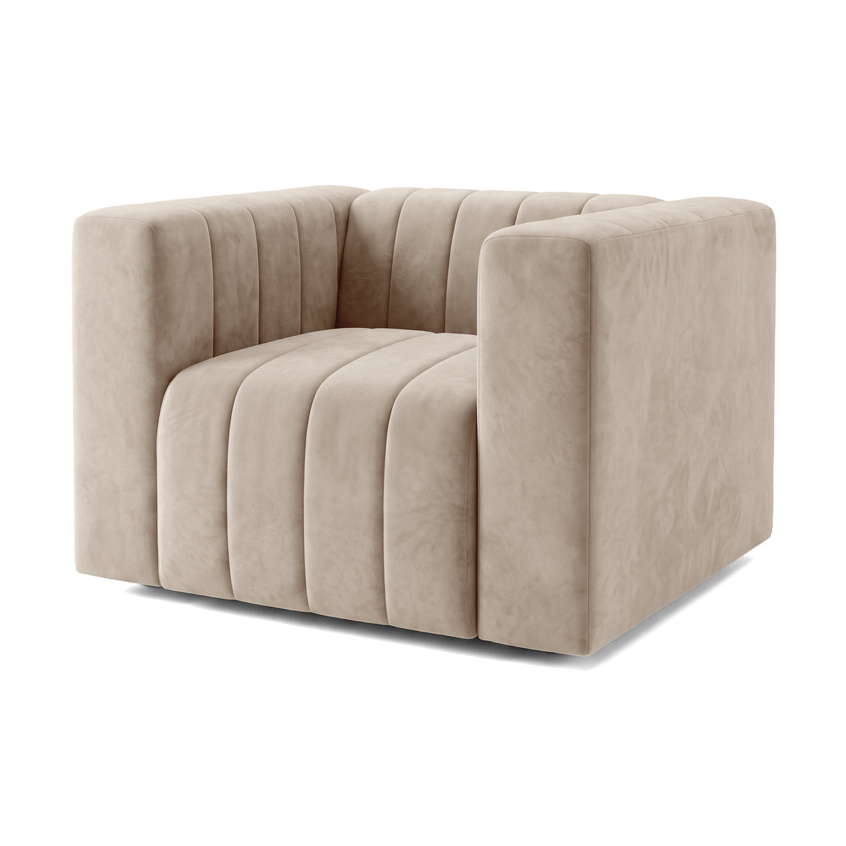 Beige modern armchair shown fully on a white background