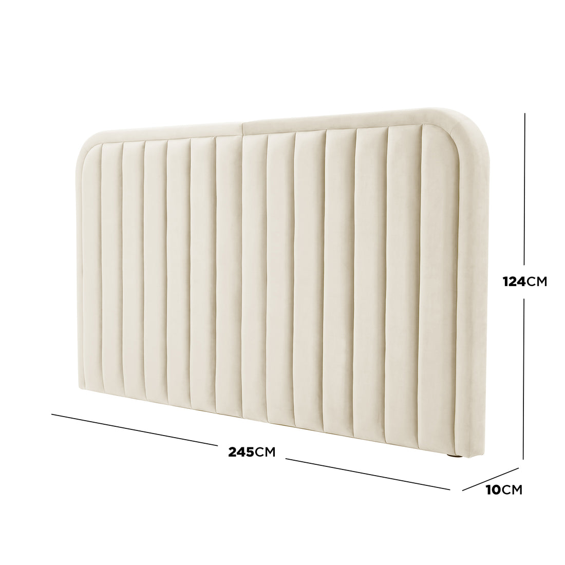 Upholstered headboard with vertical tufting and dimensions annotated (245×124×10 cm) on white background