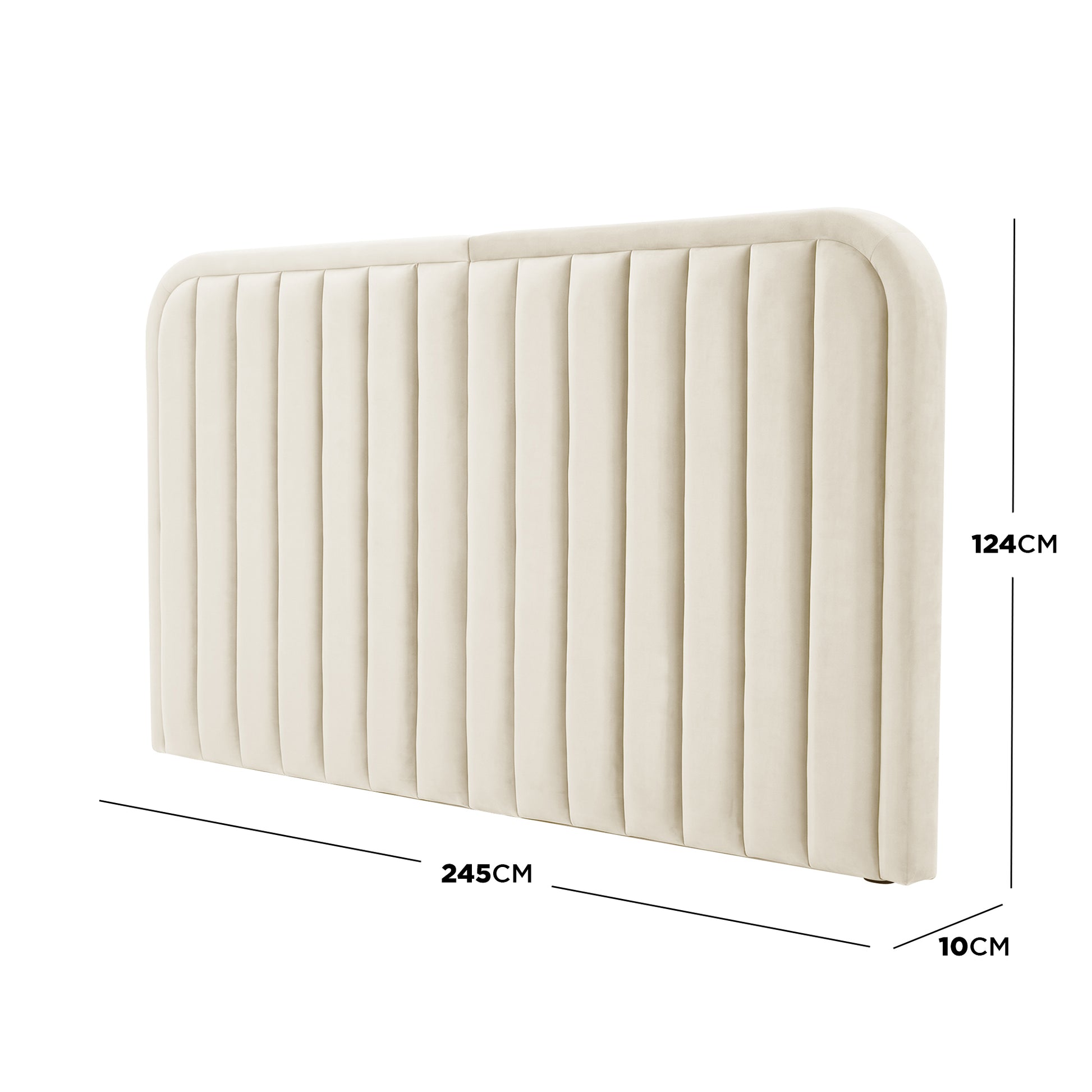 Upholstered headboard with vertical tufting and dimensions annotated (245×124×10 cm) on white background