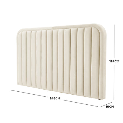 Upholstered headboard with vertical tufting and dimensions annotated (245×124×10 cm) on white background