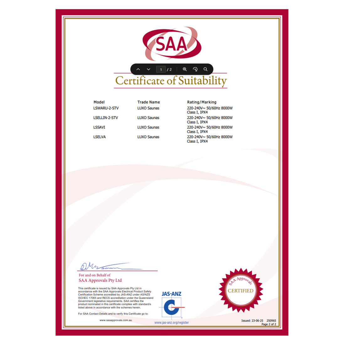 Certificate of suitability document for the product