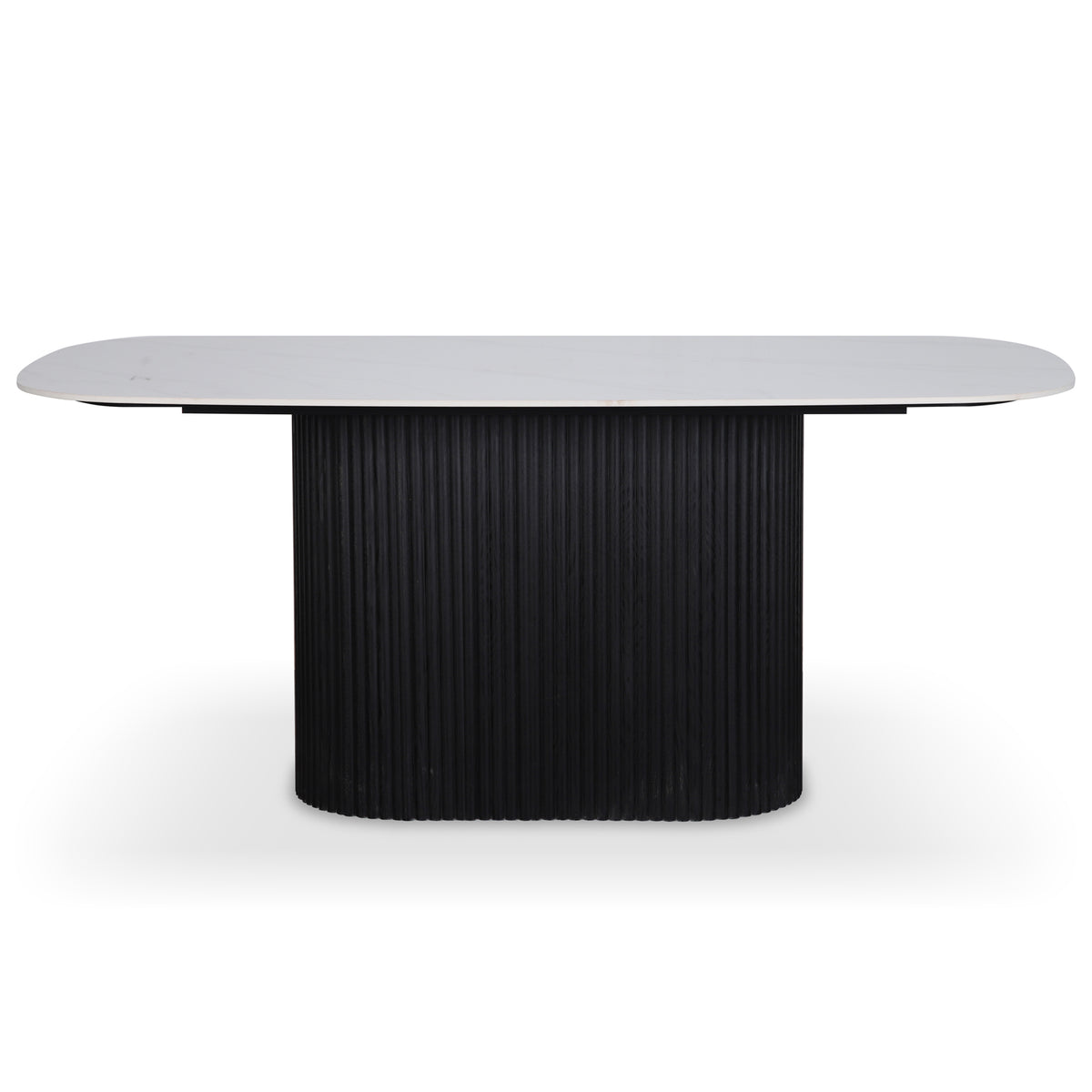 Aeris 180cm Marble Look Dining Table With Wood Base in Black features a white, oval marble-look top on a black, fluted pedestal base, blending modern elegance with practical durability.