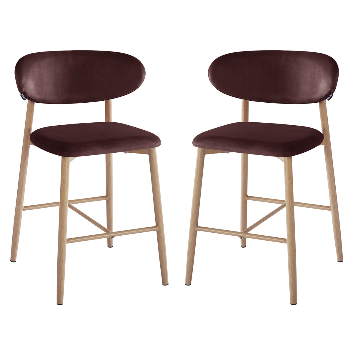 Audrey Fabric Upholstered Barstool Set of 2 in Dark Plum, featuring light wood frames, padded seats, and curved backrests upholstered in dark brown fabric, offering chic comfort and modern style for your kitchen.