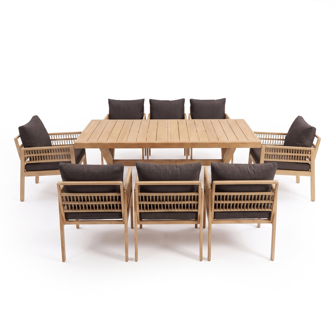 Eight-piece outdoor dining set with wooden table and cushioned chairs on white background