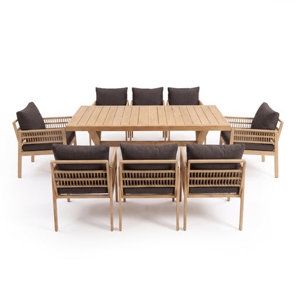 Eight-piece outdoor dining set with wooden table and cushioned chairs on white background