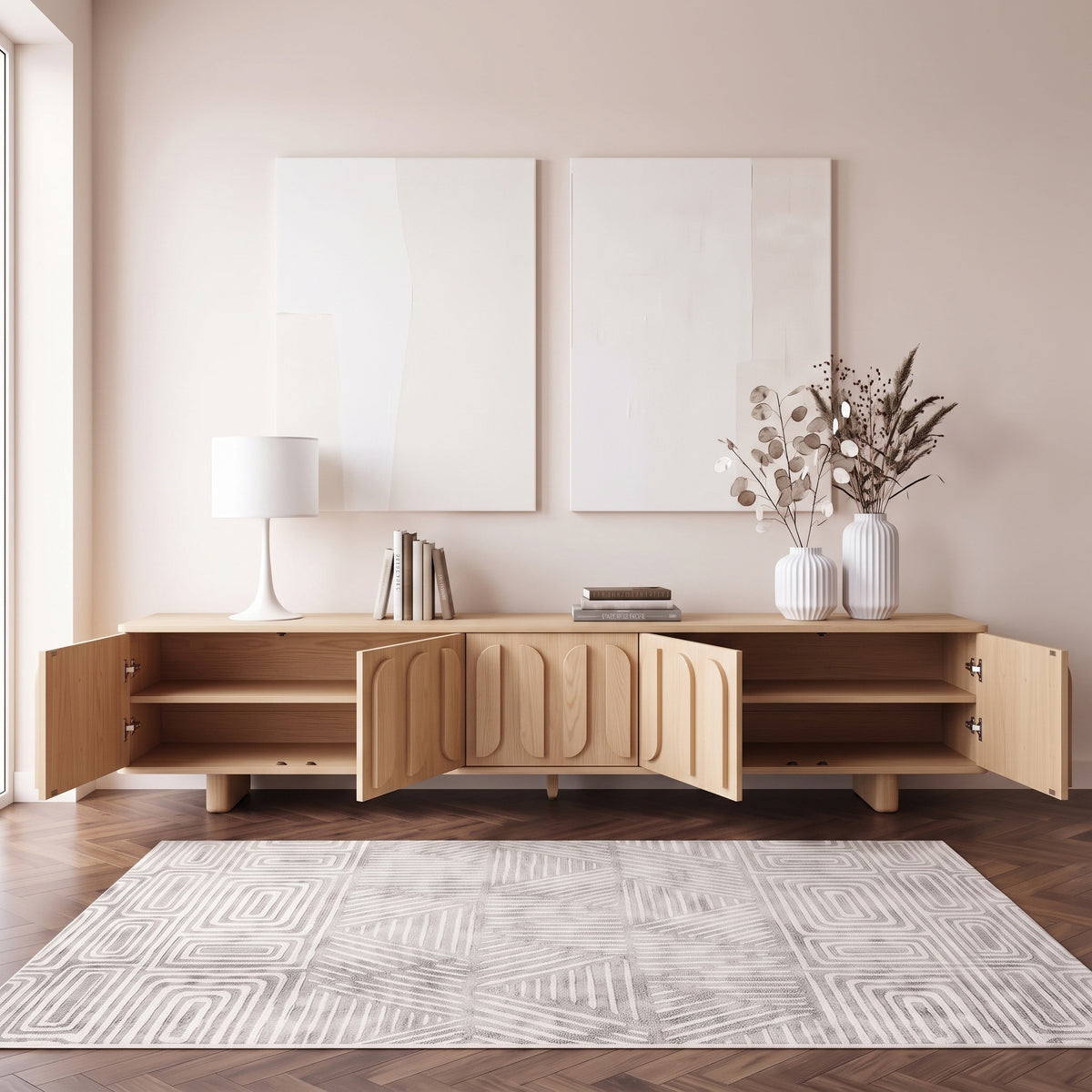 Light wood sideboard styled in a contemporary living room