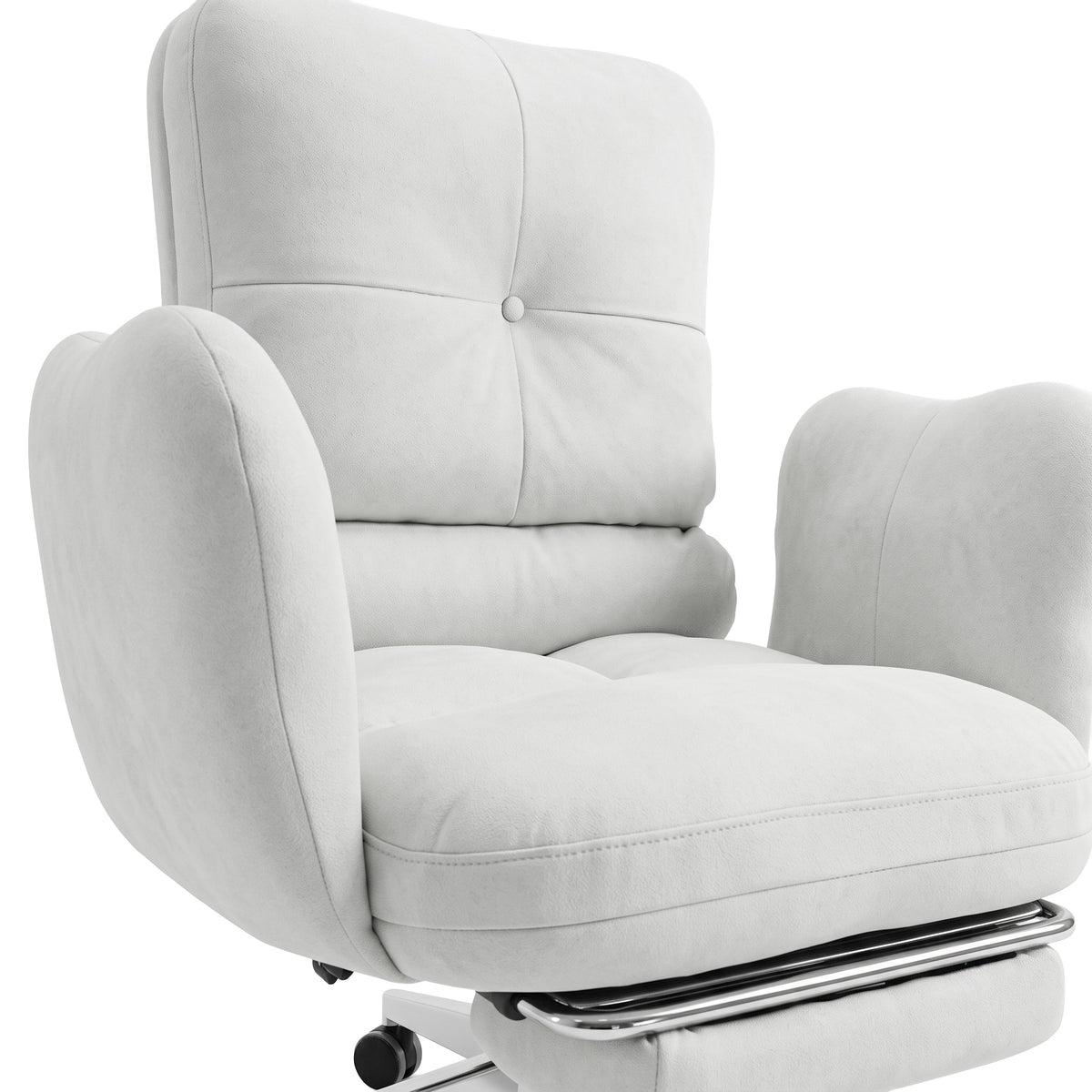 Cushioned light gray swivel chair on white background, slightly cropped at the base