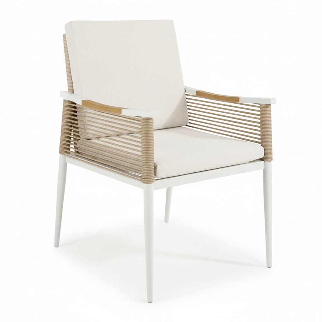 Casara 7 Piece Outdoor Dining Set in White & Beige, featuring a sleek, modern armchair with a white metal frame, cream-beige cushions, natural-tone rope detailing, and wooden arm accents.