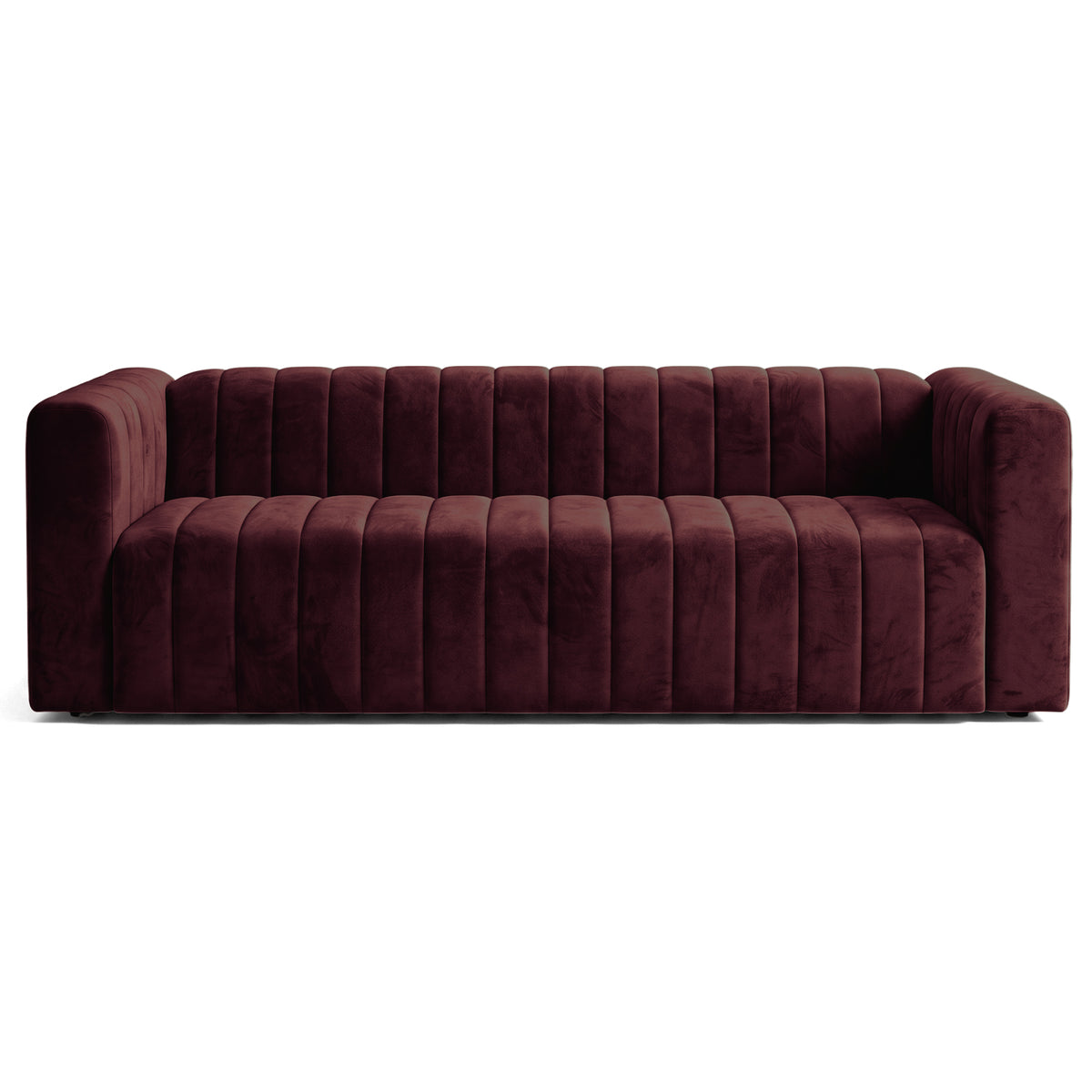 Front view of a burgundy sofa on a white background