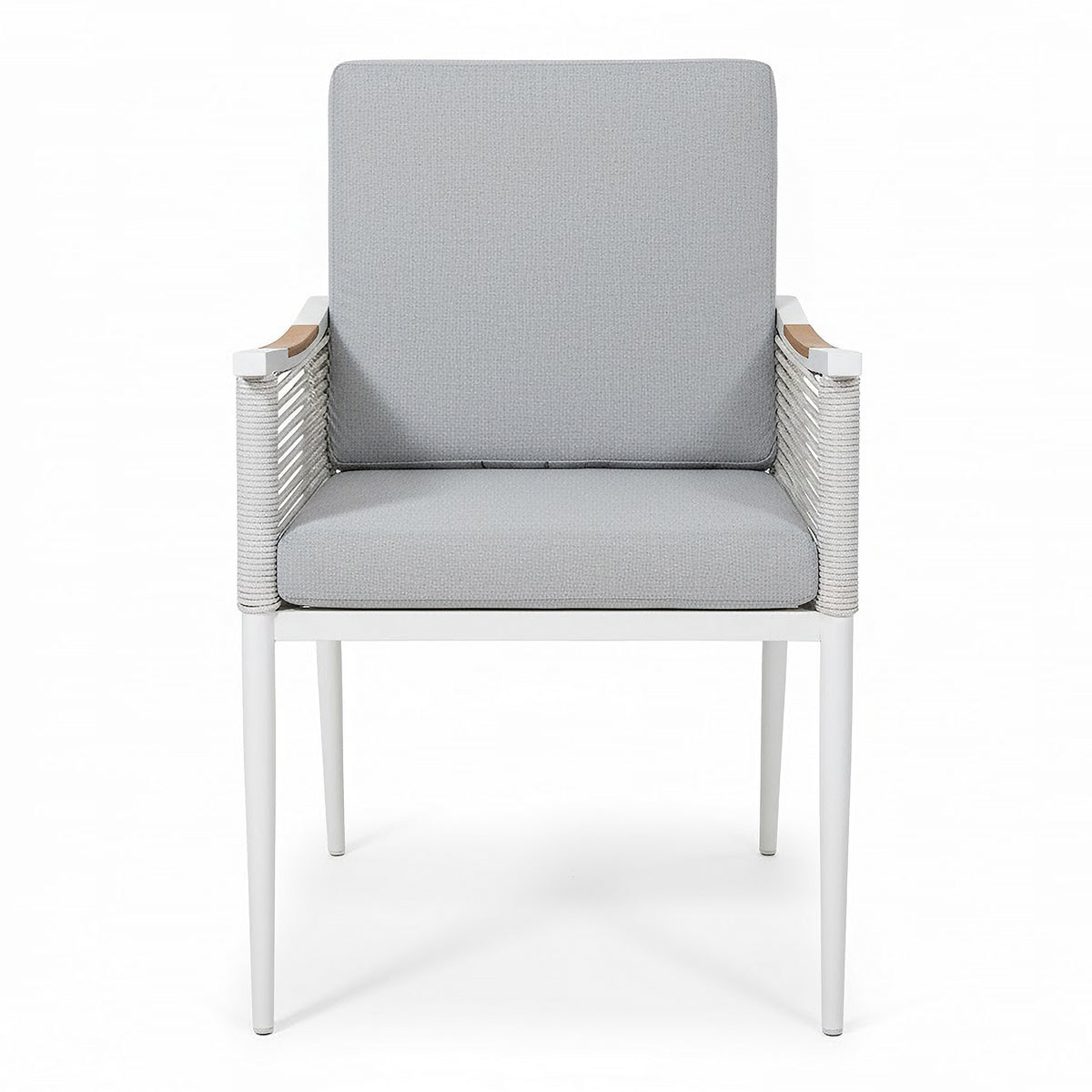 Casara 7 Piece Outdoor Dining Set in White & Grey, featuring a modern armchair with a slim metal frame, rope-wrapped armrests, wooden rail, and boxy light gray cushions. Ideal for stylish outdoor dining.