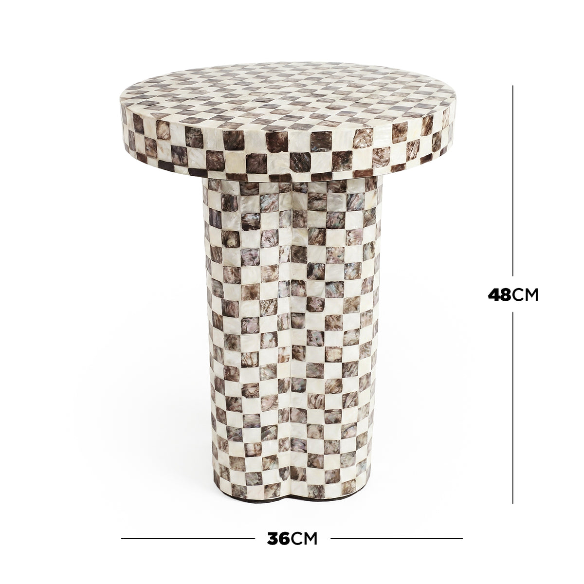 Checkered pedestal table with dimensions marked 48 cm height and 36 cm diameter on white background