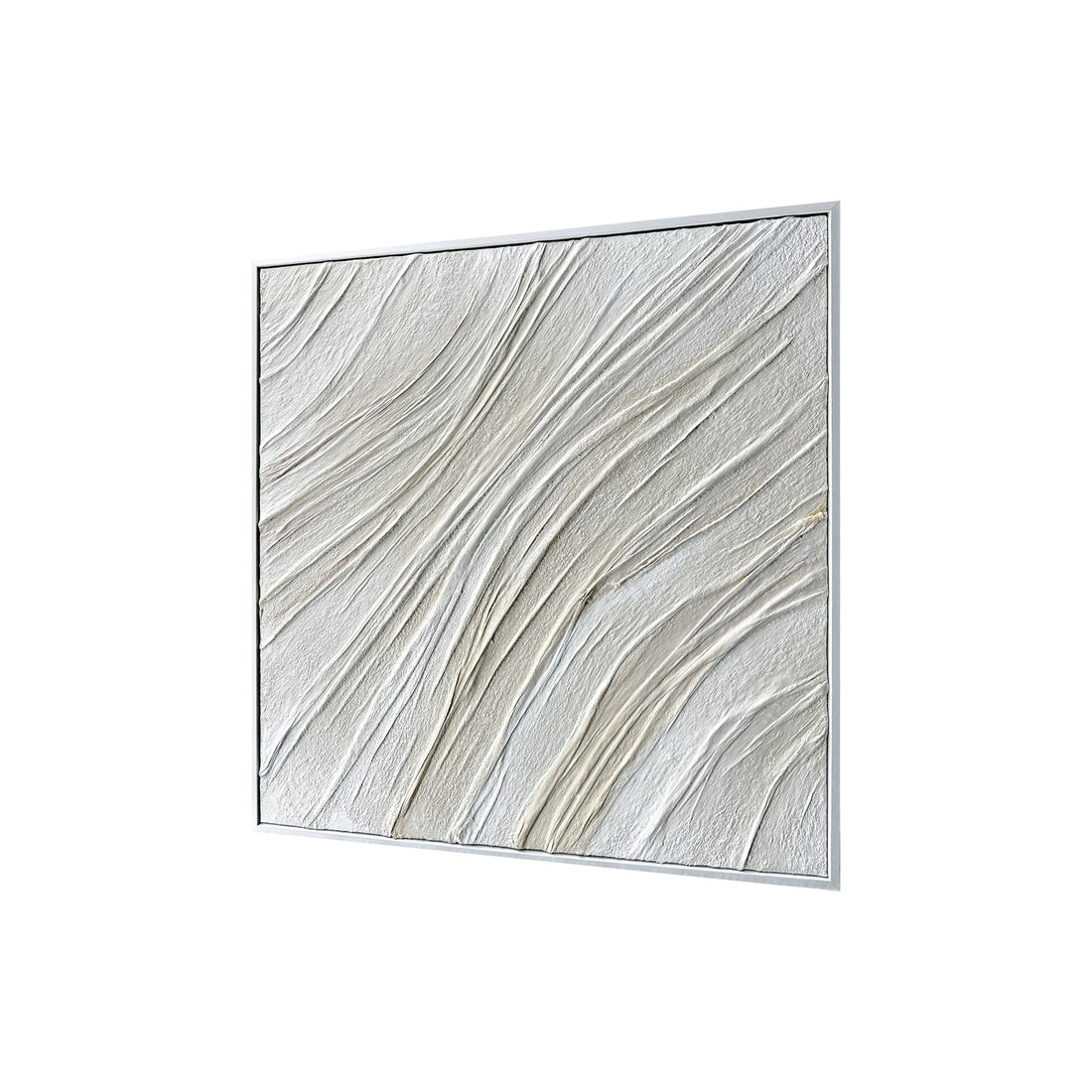 Anya Canvas Wall Art 105 x 105cm in White features textured, sculpted plaster with wave-like ridges on a neutral palette, framed in minimalist white for a modern gallery feel.