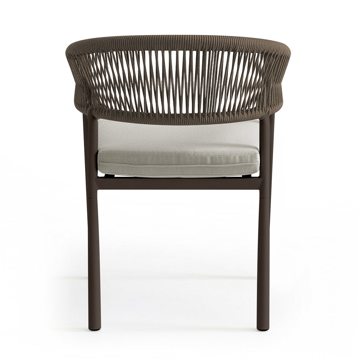 Coastal Outdoor Rope Dining Chairs Set of 2 in Brown, featuring a curved rope backrest, slim metal frame, and cushioned seat, ideal for stylish, comfortable indoor or outdoor settings.