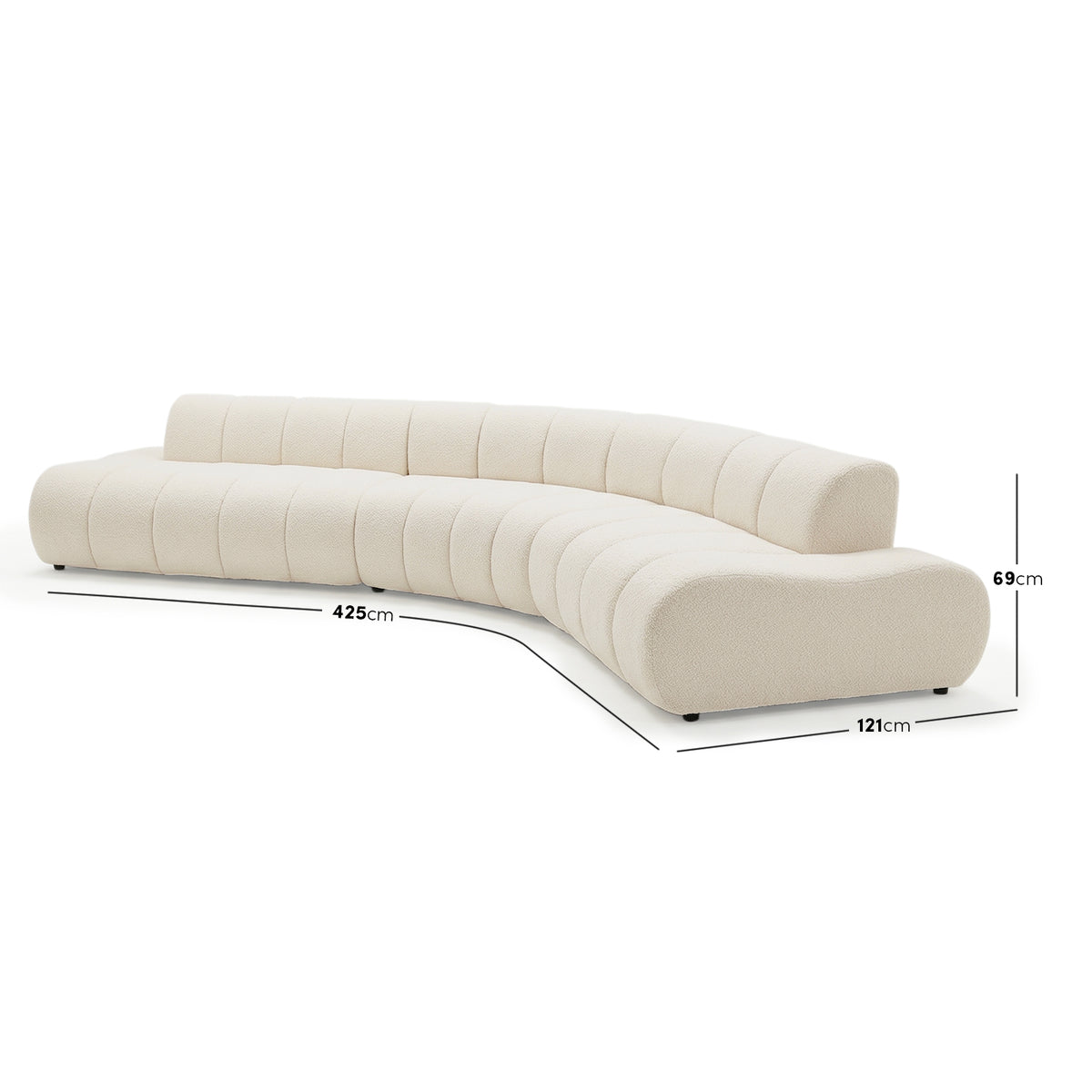 Curved beige sectional sofa with dimensions labeled on white background