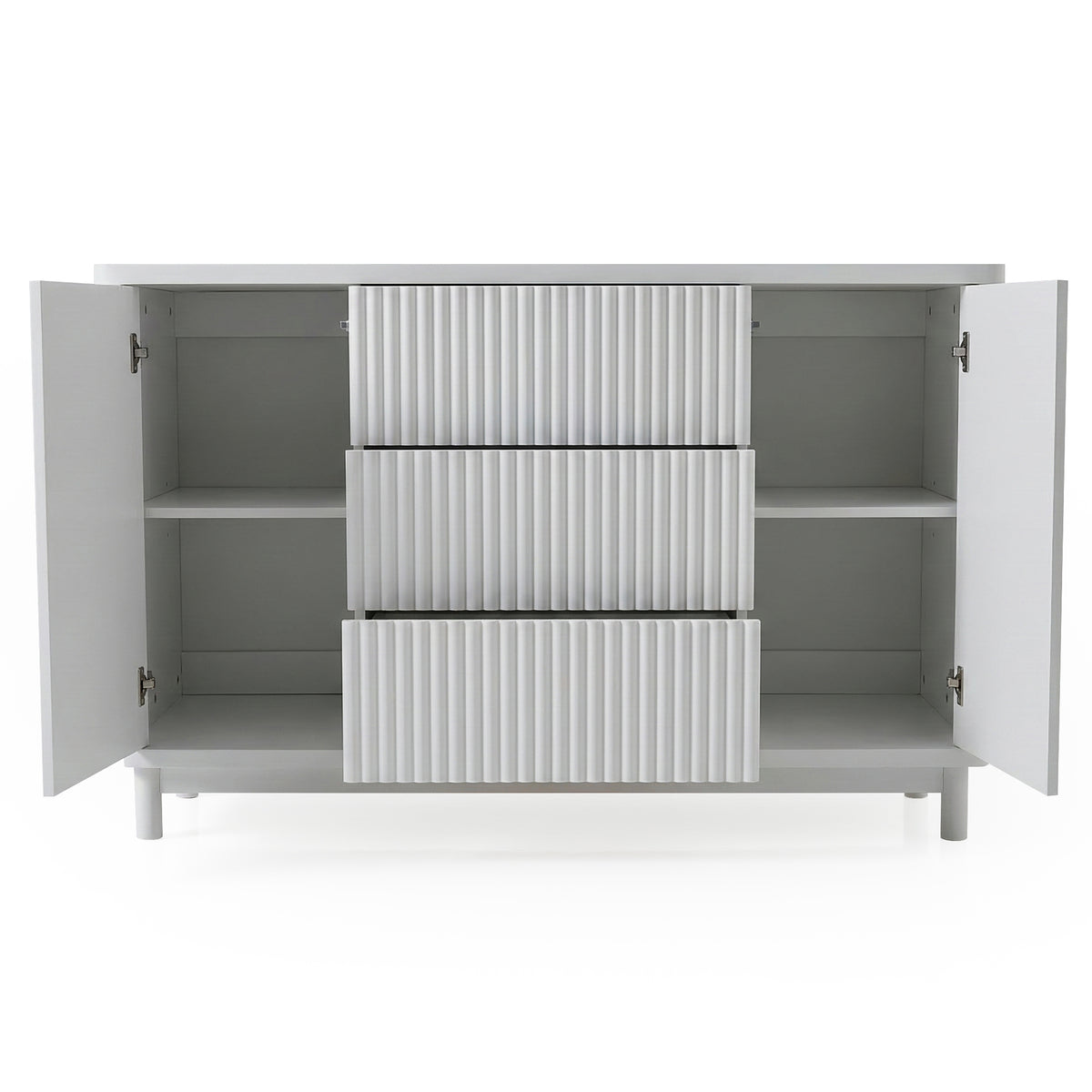 White sideboard with open doors and ribbed texture on white background