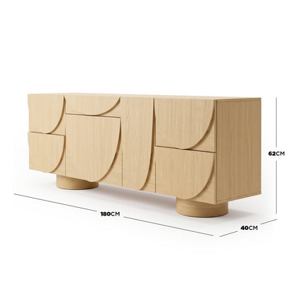 Wooden sideboard on white background with labeled dimensions