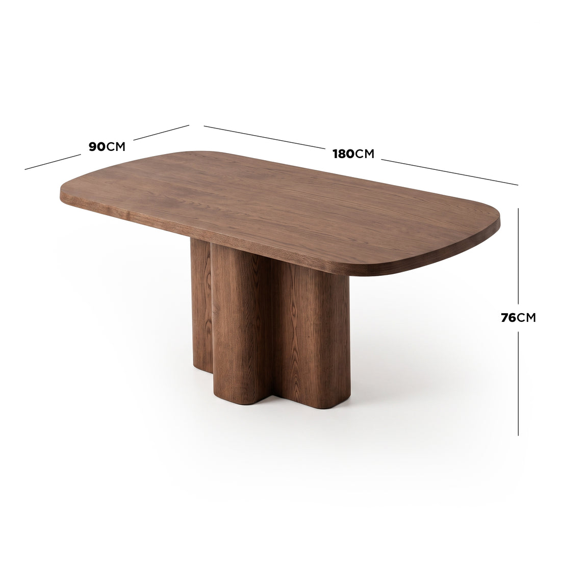 Wooden dining table on white background with dimension labels showing 180cm by 90cm by 76cm. - Dimensions