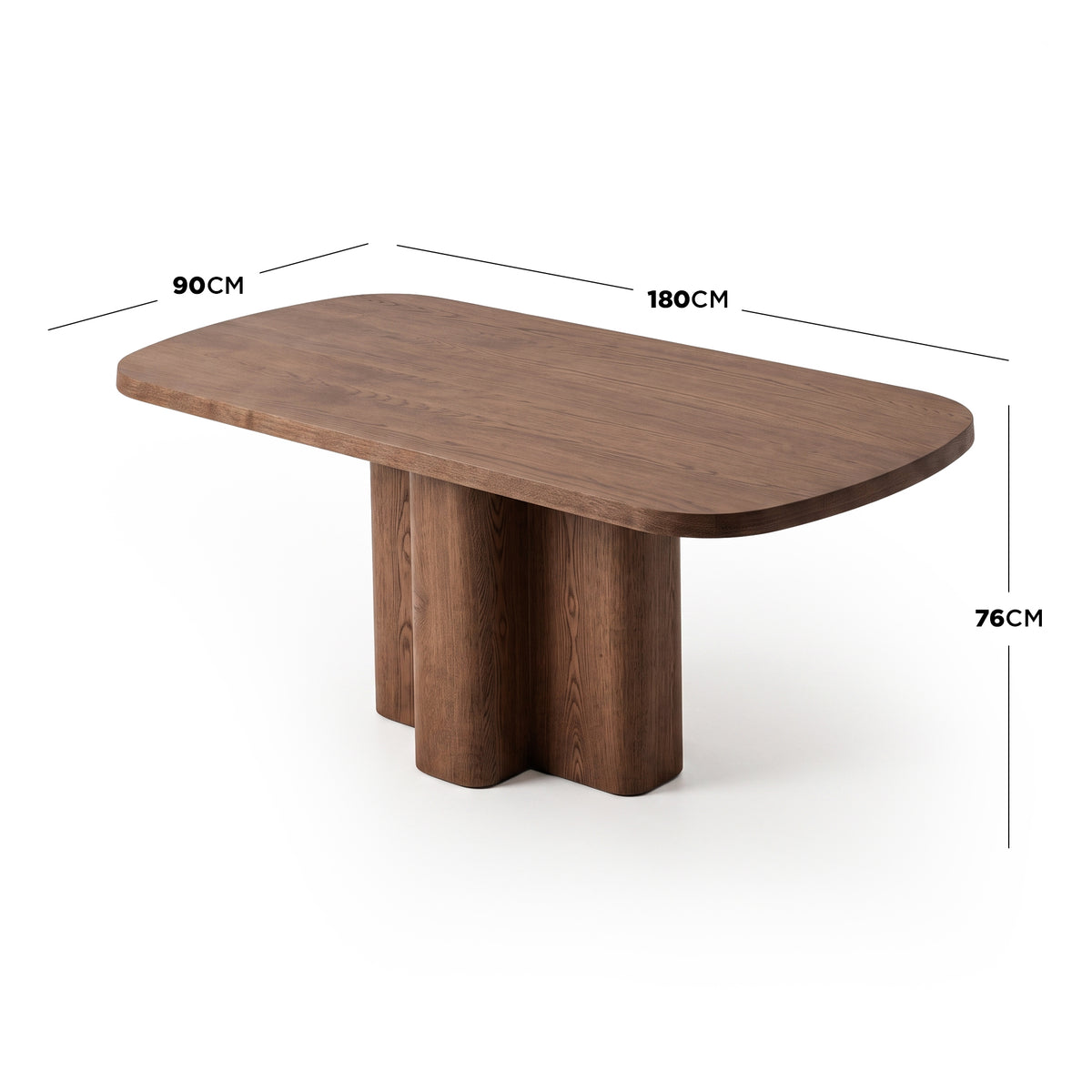 Wooden dining table on white background with dimension labels showing 180cm by 90cm by 76cm. - Dimensions