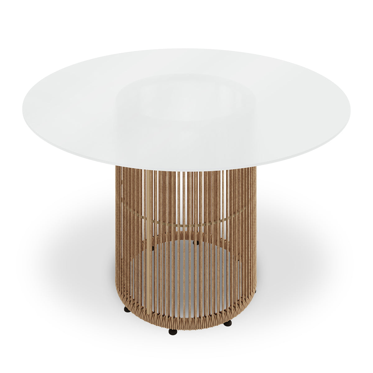Vellora 4 Seater Wicker Outdoor Dining Set in Natural features a round-top table with a woven cylindrical base, smooth white tabletop, and sturdy metal feet, ideal for relaxed alfresco dining.