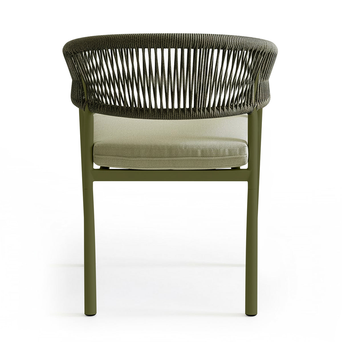 Coastal Outdoor Rope Dining Chairs Set of 2 in Green, showcasing a woven rope backrest, slim metal legs, and an upholstered seat cushion, exuding modern coastal elegance against a plain white background.