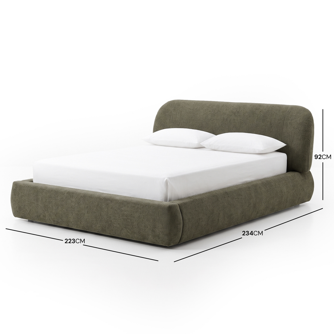Upholstered bed on white background with annotated dimensions