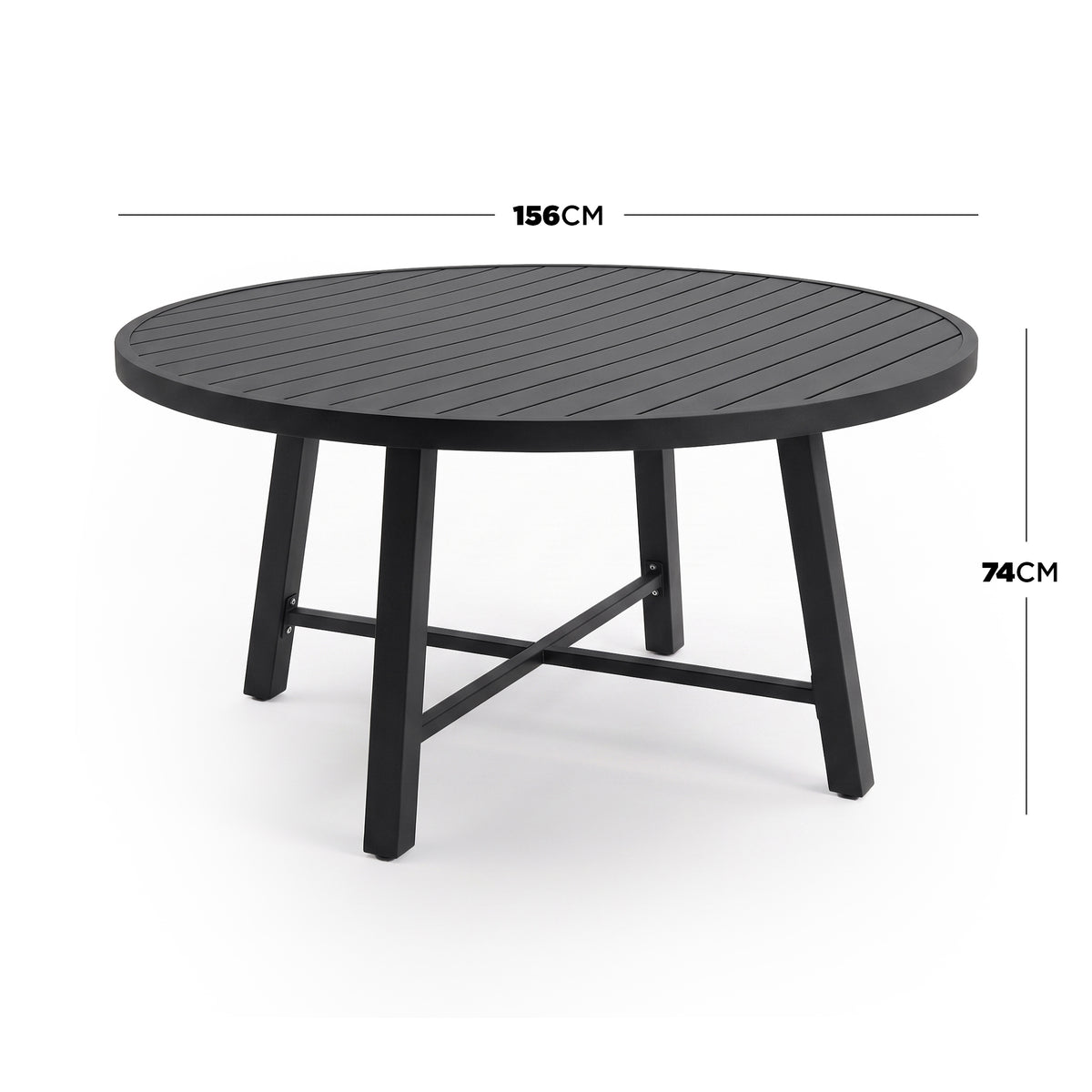 Round black table on white background with diameter and height dimensions shown