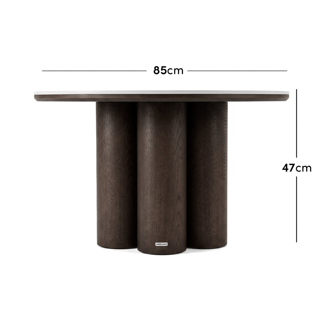 Round coffee table with dark walnut cylindrical base and light porcelain top, 85cm diameter, 47cm height